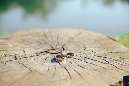 Wedding rings on hemp close-upの写真素材