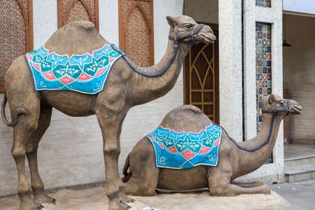 Russia, Kuban, Krasnodar - 2018: 2 camels on the street near an oriental restaurant. City Noteworthyのeditorial素材