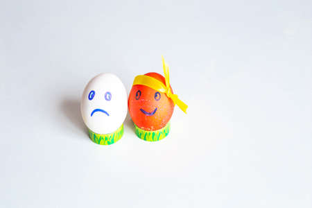 Easter holiday concept with cute handmade eggs with shavingsの写真素材