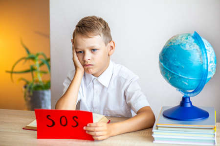 A blonde schoolboy in a white shirt sits at a desk against the background of textbooks and pencils...