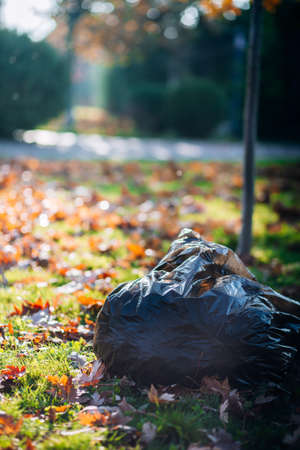 Garbage bag on the ground in the autumn park. Selective focus.