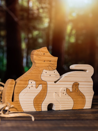 Wooden puzzle in the form of a handmade cat family on the background of the forestの写真素材