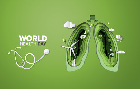 April 7 is World Health Day. Lung, stethoscope, cloud, tree, oxygen, air illustration. Paper cutout illustration, 3D vectorのイラスト素材