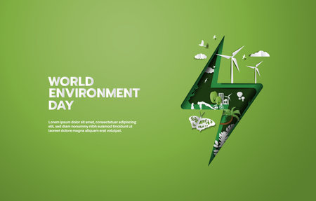 World Environment Day, green city save planet of people and living things and energy concept, paper illustration and 3d paper.のイラスト素材