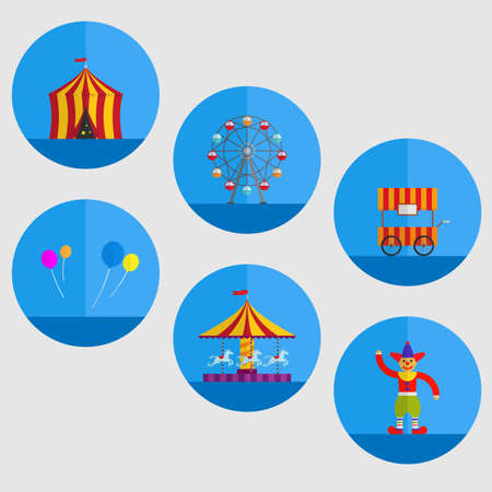 carnival tent, balloon,cart,clown,carousel and Ferris wheel in cartoon illustration.のイラスト素材