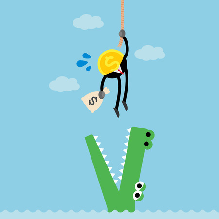 coin business man catching money ,climbing rope and escaping from crocodile.のイラスト素材
