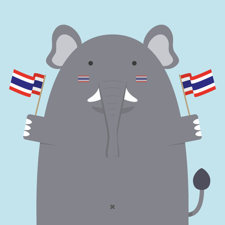 cute fat big elephant holding Thai flag and painted face on light blue backgroundのイラスト素材