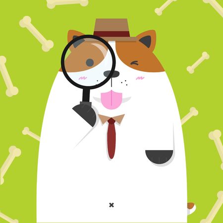 cute big fat Jack Russell dog as detective on bone pattern green backgroundのイラスト素材