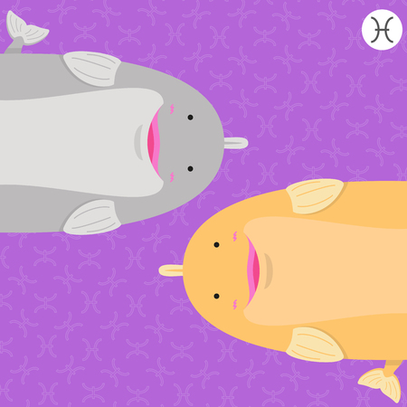 cute big fat pisces zodiac cartoon with their sign on color backgroundのイラスト素材