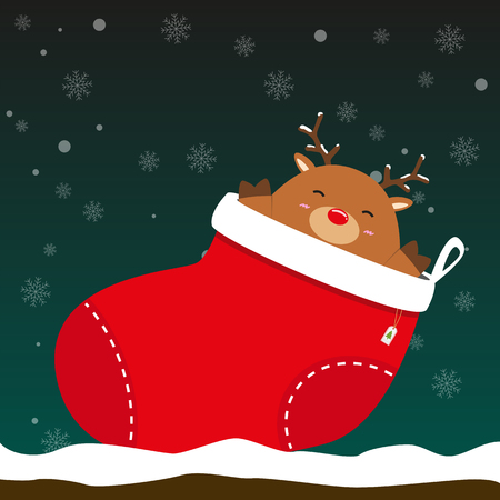 cute fat big reindeer come out of christmas sock on falling snow flake green backgroundのイラスト素材