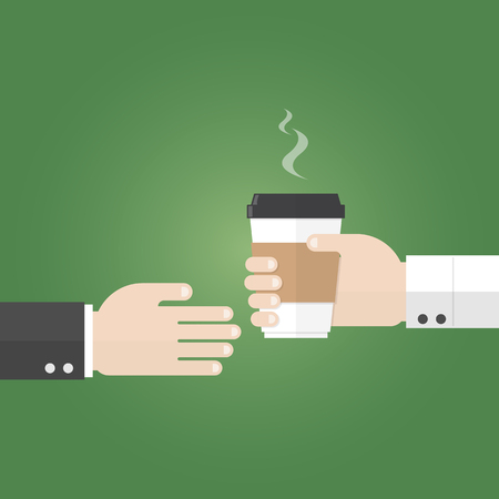 businessman receive paper cup of coffee from seller hand on green backgroundのイラスト素材