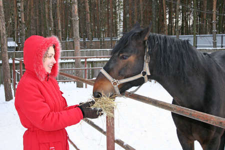 winter girl with horseの写真素材