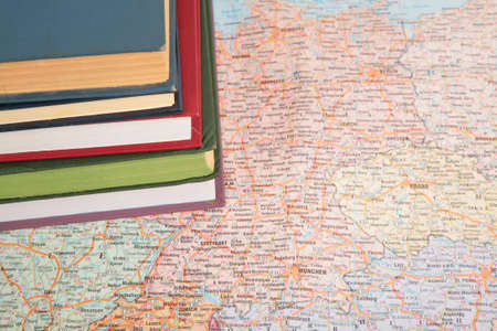pile of books on map of europeの写真素材
