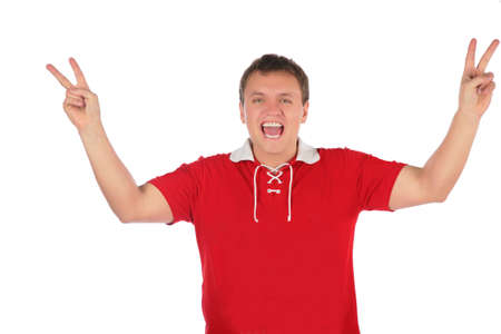 sport fan with victory fingersの写真素材