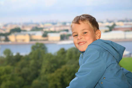 Boy against St.Petersburgの写真素材
