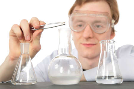 Chemist and three flasks