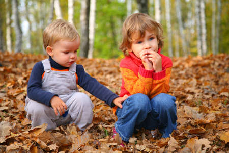 sister with brother children in autumn parkの写真素材
