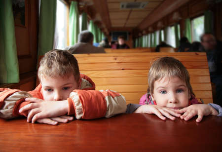 Two children in trainの写真素材