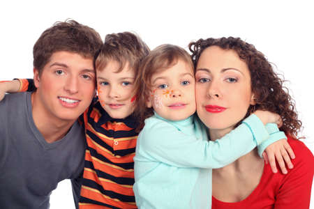 family of four with drawings on children's faces