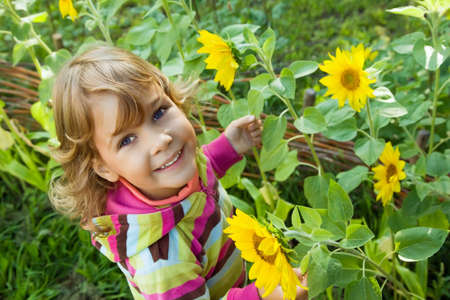 pretty Little Girl keeps in hand sunflower in garden	の写真素材