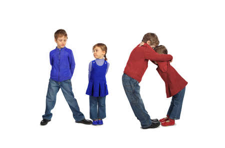 boy and girl making word NO, collage