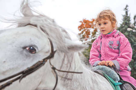 little girl riding horse and looking asideの写真素材