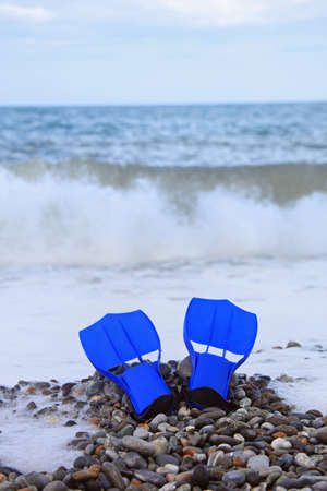 flippers on stony beachの写真素材