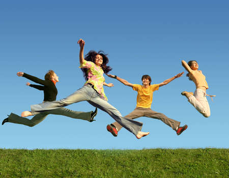 many people jumping on the grass, collage 