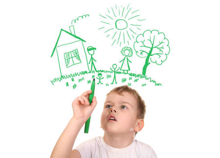 boy drawing  his family by felt-tip pen, collageの写真素材