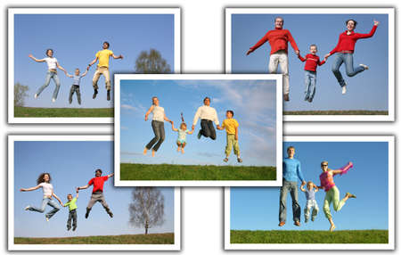 many photos with jumping families, collage          