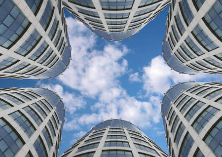 many skyscrapers on sky background, collageの写真素材