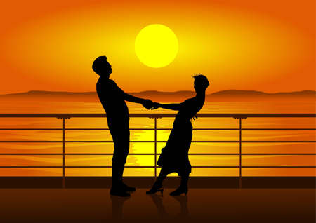 silhouettes of man and woman on deck of cruise ship. sundown.のイラスト素材