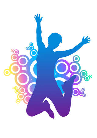 silhouette of jumping woman. colorful rounded ornament behind silhouette.のイラスト素材