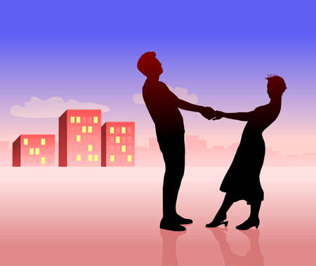 silhouette of couple: man and woman. buildings far away.のイラスト素材