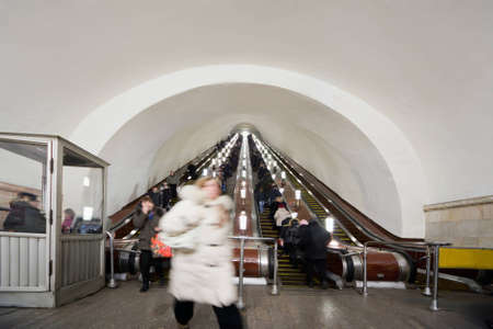 Moscow - March 23: People on escalators of metro station Komsomolskaya on March 23, 2010 in Moscow.のeditorial素材