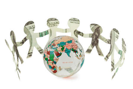 dollars little people cutouts dance in half ring around  small globeの写真素材