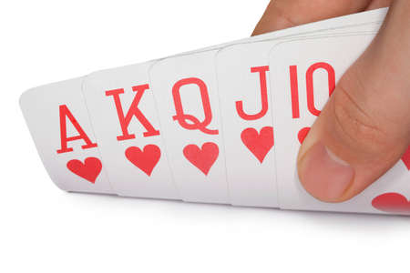 playing cards of colour of hearts isolated on white background, royal flush of hearts, cards in...