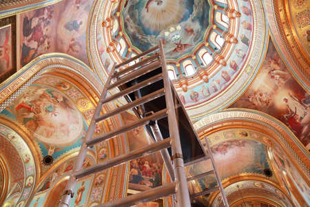 Staircase rising to ceiling of dome inside Cathedral of Christ the Saviour in Moscow, Russiaのeditorial素材