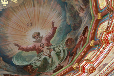Pictured ceiling adorned by candles inside Cathedral of Christ the Saviour in Moscow, Russiaのeditorial素材