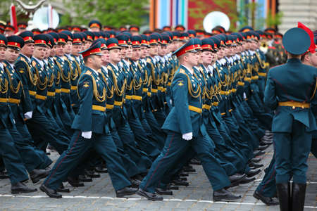 MOSCOW - MAY 6: Officer soldiers march on rehearsal of parade in honor of Great Patriotic War...