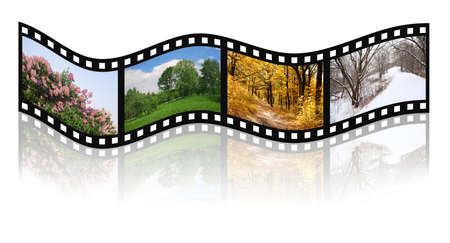 four seasons spring, summer, autumn, winter on old film with reflection collageの写真素材