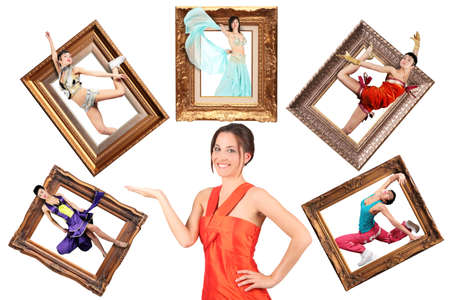 beauty girl in red dress showes multi task many women in picture frames collageの写真素材