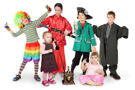 many children in costumes, clown, businessman, pirate, fighter, with phone, bellydance on white collageの写真素材