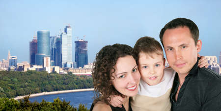 family with son portrait on Moscow city sunny day collage