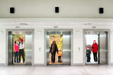 summer autumn winter family in Three elevator doors in corridor of office building collageの写真素材