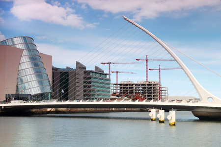 Samuel Beckett Bridge over River Liffey at day in Dublin, Ireland のeditorial素材
