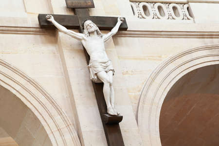 crucifixion of Christ hanging on pillar in temple, on head crown of thorns