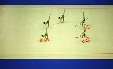 MOSCOW - SEPTEMBER 25: Presentation of gymnasts with ribbons at 30-th rhythmic gymnastics world championships was held in Moscow in sports complex Olympiysky on September 25, 2010 in Moscow, Russia. のeditorial素材