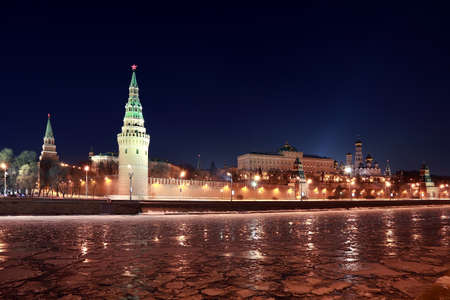 Kremlin near Red Square at winter in Moscow, Russia, rows of lanterns