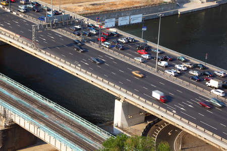Dorogomilovskiy bridge on third transport ring and railroad bridge in Moscow, Russia